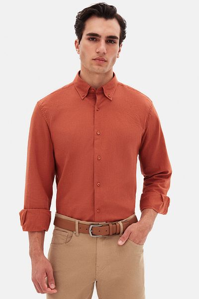 D'S Damat Ds Damat Comfort Tile Button Guler Casual Cut Linen Look Cămașă 100% bumbac