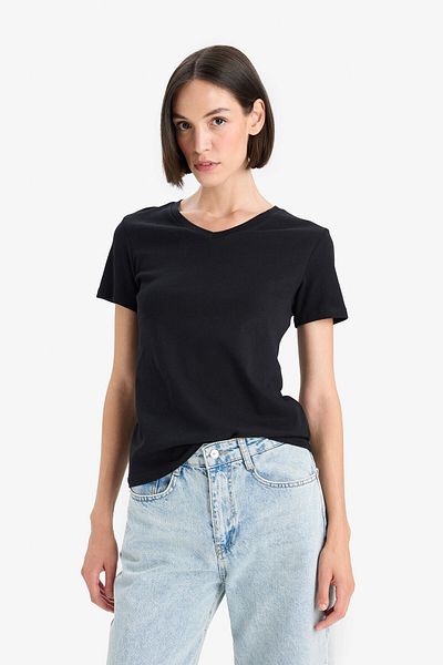 DeFacto V-Neck Slim Fit Rib T-Shirt - 100% Cotton, Short Sleeve I1080Az24Sm