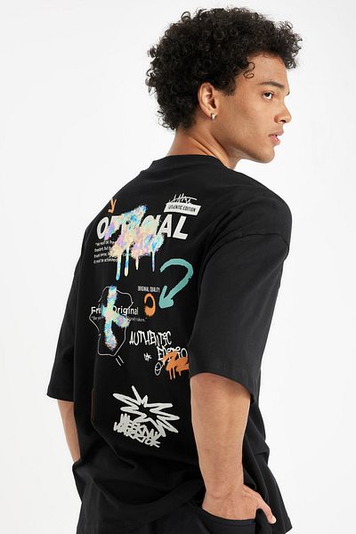 DeFacto Tricou cu mânecă scurtă, 100% bumbac, cu decolteu largi, cu imprimeu pe spate B8949ax24sm