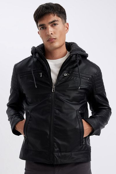 DeFacto Faux Leather Slim Fit Coat - Removable Hood, Zipper and Pocket, Plush Lined N9693Az23Wn