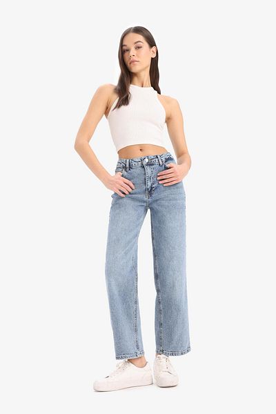 DeFacto Bequeme, gerade, knöchellange Jeans mit hoher Taille und gewaschener Hose D8155AX25SM