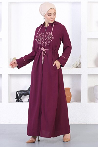 Modamihram Bestickte Abaya mit Kapuze, Pflaume 12210