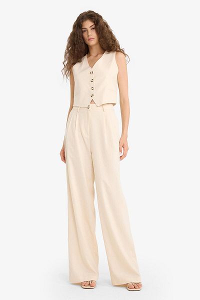 DeFacto Wide Leg Double Pocket High Waist Standard Length Linen Blend Pants E1986Ax25Sm