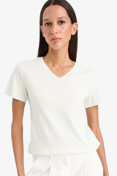 DeFacto Slim Fit Slim Fit V Neck Rib Basic Solid Short Sleeve T-Shirt I1080Az24Sm