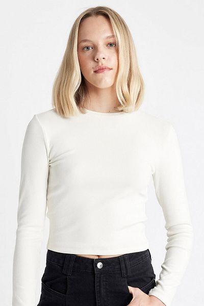 DeFacto Women's Fitted Crew Neck Long Sleeve T-Shirt St1286