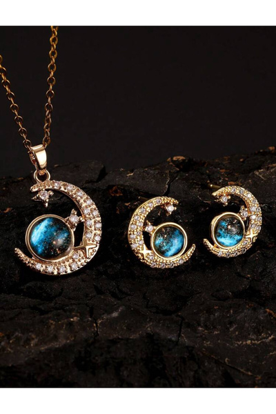Tasarım Paslanmaz Çelik Kolye Gökyüzü Işıltısı Altın Zincirli Ay Ve Gezegen Kolyesi