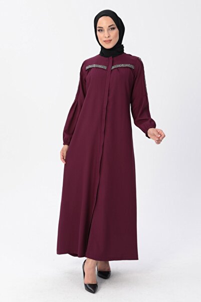 Modamihram Zippered Stone Detailed Ferace Plum 14300