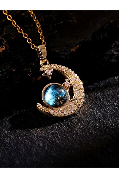 Tasarım Paslanmaz Çelik Kolye Gökyüzü Işıltısı Altın Zincirli Ay Ve Gezegen Kolyesi