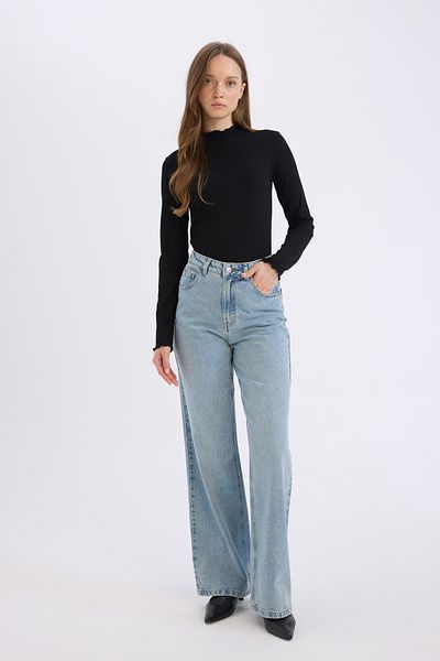DeFacto Tunica tricou cu decolteu pe jumatate cu decupaj cu nervuri - Maneca lunga B2389ax24sp