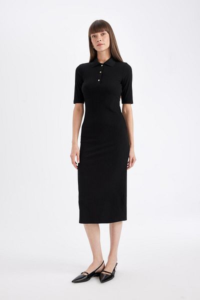 DeFacto Rochie neagră midi cu croială bodycon - Camolă cu nasturi, cu nasturi, cu gât polo, cu nasturi, cu nasturi