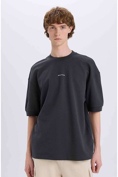 DeFacto Tricou cu mânecă scurtă, cu mânecă scurtă, din stofă grea, cu decolteu roșu, cu tăiere largă C0896ax24sp