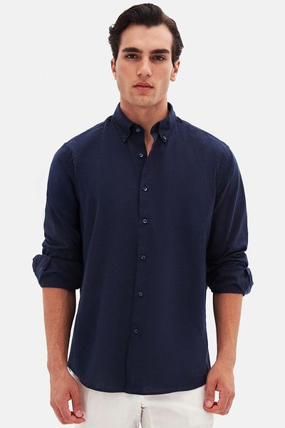 D'S Damat Cămașă Ds Damat Comfort, albastru bleumarin, cu guler cu nasturi, cu aspect de in, 100% bumbac