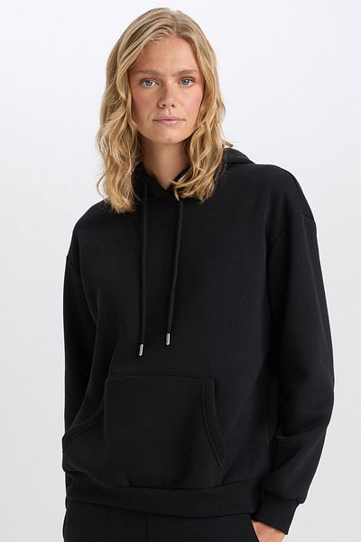 DeFacto Hanorac negru solid, cu glugă, cu buzunar cangur, relaxat, gros, casual, W8071az23wn