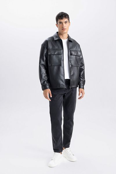 DeFacto Jachetă cu guler cămașă oversize, haină din piele artificială