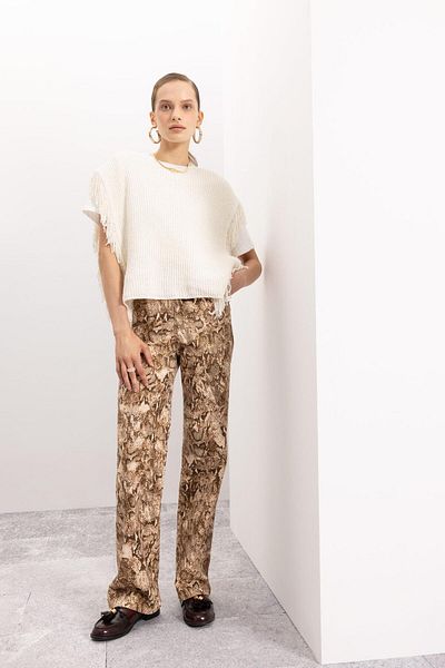 DeFacto Leopard Print Long Gabardine Pants with High Waist Pockets - D1229Ax24Sm