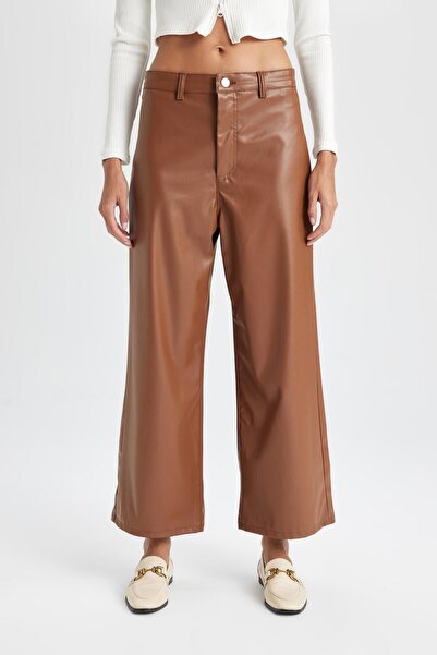 DeFacto Culotte Crop Suni Deri Pantolon Yüksek Bel Geniş Bol Paça D5251ax24au