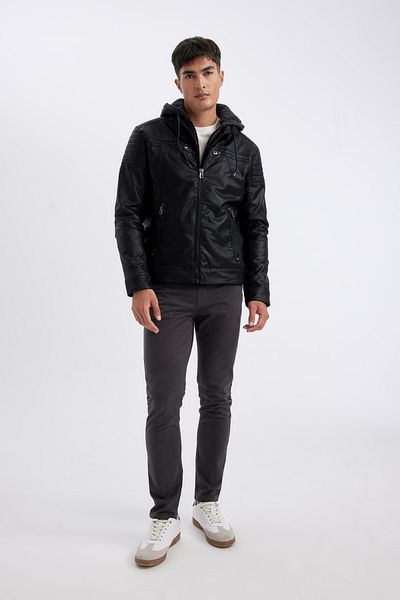 DeFacto Faux Leather Slim Fit Coat - Removable Hood, Zipper and Pocket, Plush Lined N9693Az23Wn