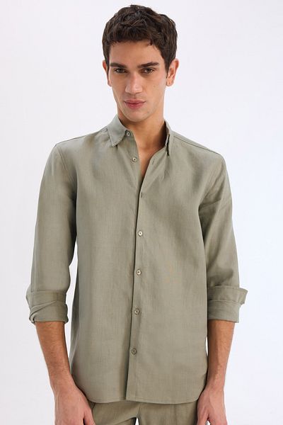 DeFacto Πουκάμισο λινό Polo Neck Regular Fit - Μακρυμάνικο C1825ax24sm