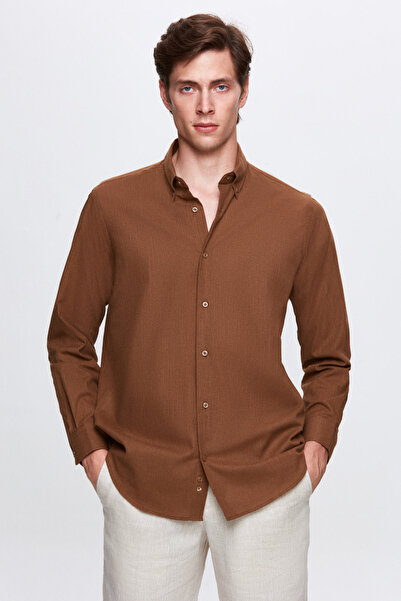 D'S Damat Ds Damat Comfort Καφέ Πουκάμισο με Κουμπιά Πέτο Casual Cut Linen Lo...
