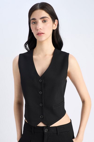 DeFacto Classic Gray Blazer Vest with V-Neck Buttons C2026Ax24Sp