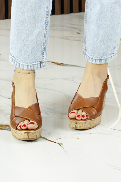 Erkan Saçmacı Luna Brown Genuine Calfskin Cross Strap Cork Sole Look Wedge Heeled Sandals