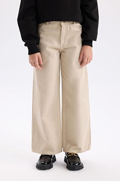 DeFacto Girl's Beige Cotton Wide Leg Trousers - Pocketed C8777A824Au