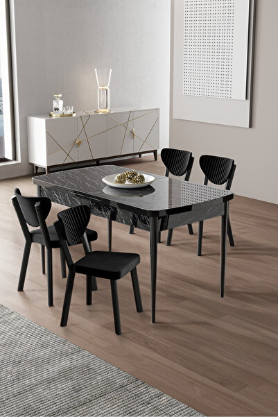 Canisa Exve Serisi 80x132 Açılabilir Siyah Mermer Desen Masa Takımı ve 4 Siya...