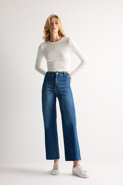 DeFacto High Waist Short Wide Leg Culotte Jeans - Washed Pants D4327Ax24Au