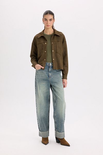 DeFacto Jachetă cămașă din piele intoarsa Crop Snap Pocket B2983ax23wn