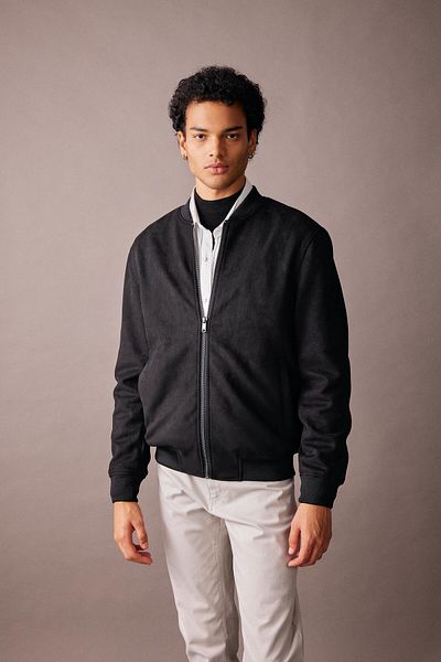 DeFacto Slim Fit Suede Bomber Coat Jacket Slim Fit College Collar Zip-Up Double Pocket Seasonal Lightweight