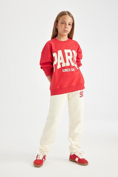 DeFacto Pantaloni de sport Jogger pentru fete ecru - picior elastic, buzunare, imprimat C7133a824au