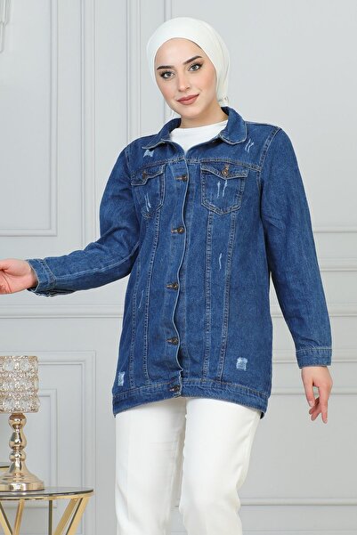 Modamihram Синя лазерна деталізована джинсова куртка - 6097