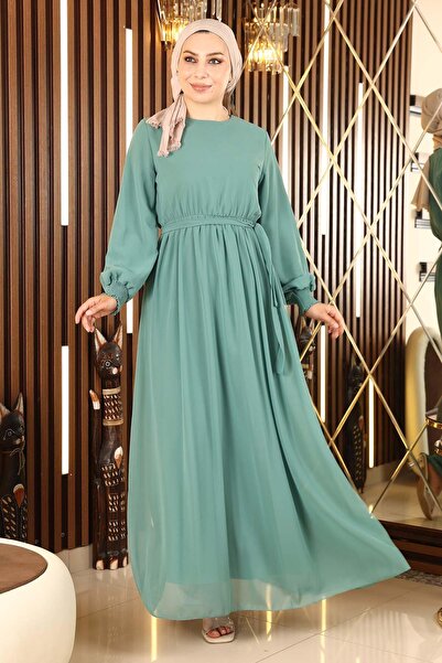 Modamihram Βραδινό φόρεμα σιφόν με ελαστική μανσέτα μέντα 12003