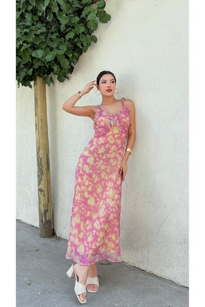 Nesil Patterned Strap Long Length Colorful Women's Dress