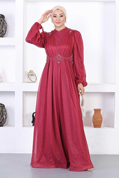 Modamihram Perly Ruched Glitter večerní šaty Burgundy 12252