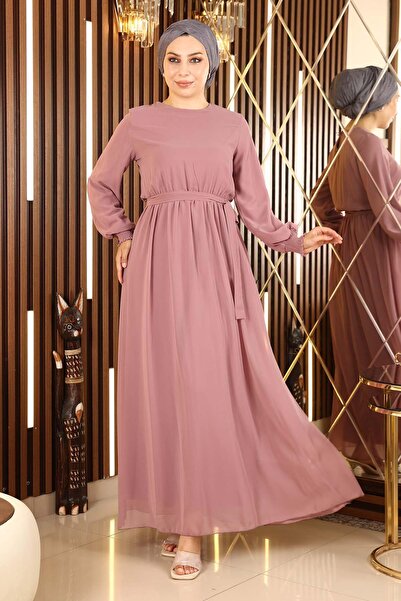 Modamihram Chiffon-Abendkleid mit elastischem Bündchen, Dusty Rose 12003