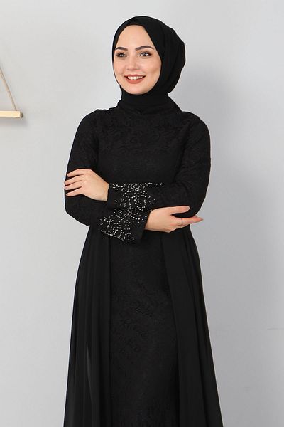 Modamihram Stone Detailed Fish Evening Dress Black 8855