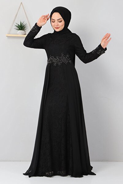 Modamihram Вечерна рокля с камъни и рибена опашка, черна, 8855