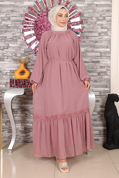 Modamihram Βραδινό φόρεμα σιφόν με δαντέλα Dusty Rose 19143