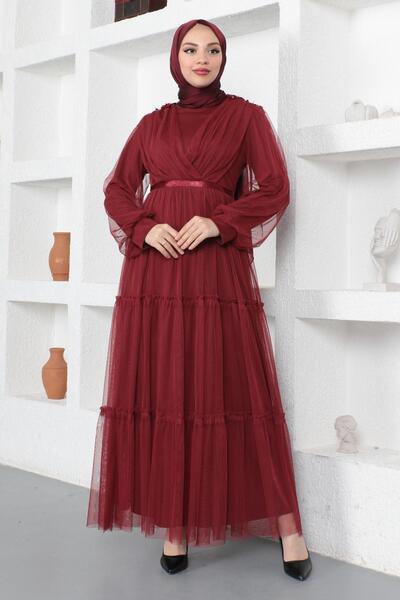 Modamihram Βραδινό φόρεμα από τούλι με δαντέλα Claret Red 19110