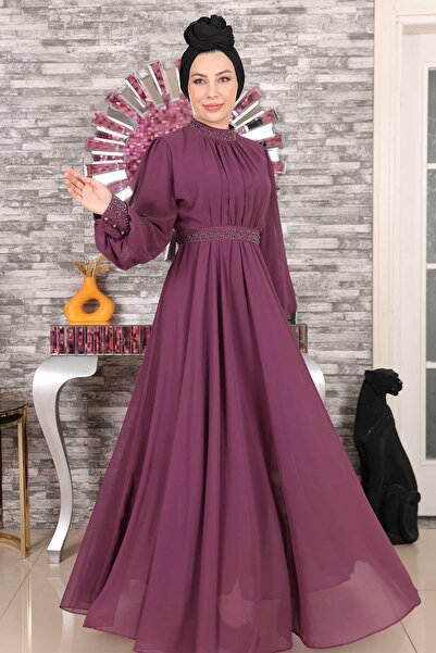 Modamihram Stone Detailed Chiffon Evening Dress Plum 19109