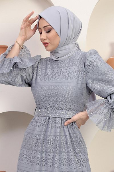 Modamihram Вечерна рокля с перлена дантела, сива 12239