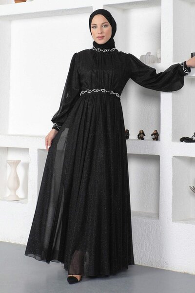 Modamihram Večerní šaty s perleťovým detailem ve stříbrné barvě černé 19004