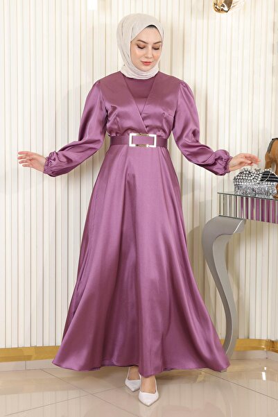 Modamihram Σατέν βραδινό φόρεμα με ζώνη, ξηρό τριαντάφυλλο 19191