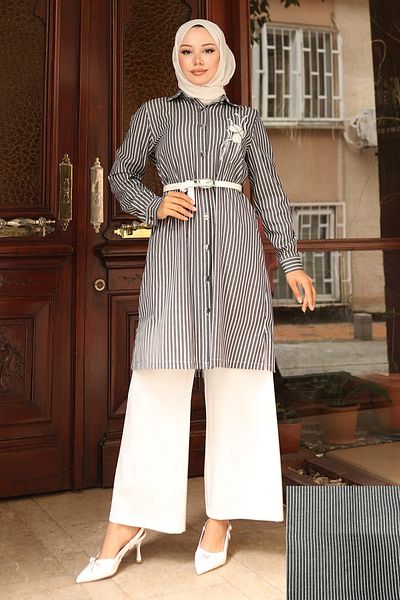 Modamihram Striped Embroidery Detailed Suit Black 19261
