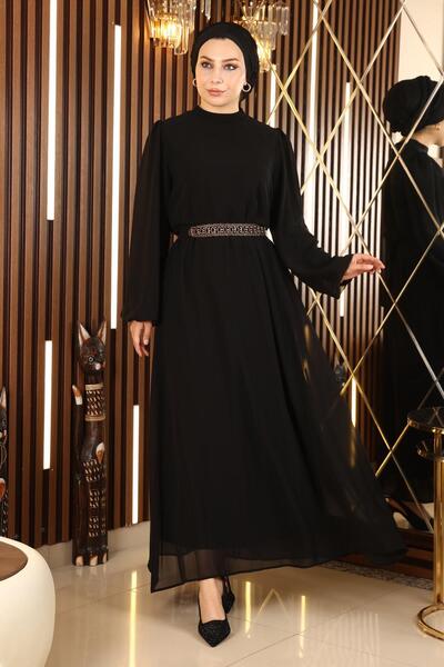 Modamihram Opasok Detailné šifónové večerné šaty Black 13304