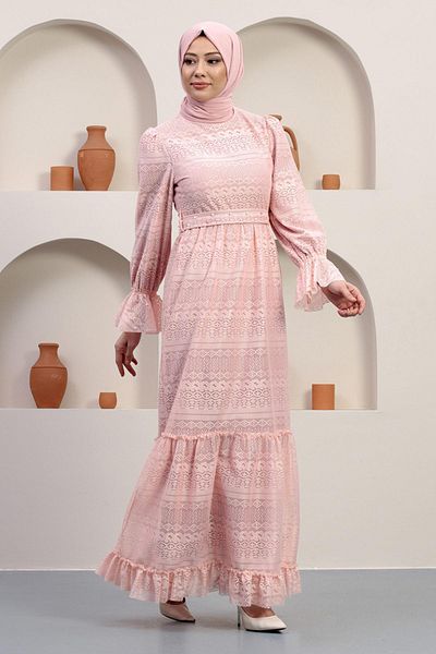 Modamihram Pearl Detailed Lace Evening Dress Powder 12239