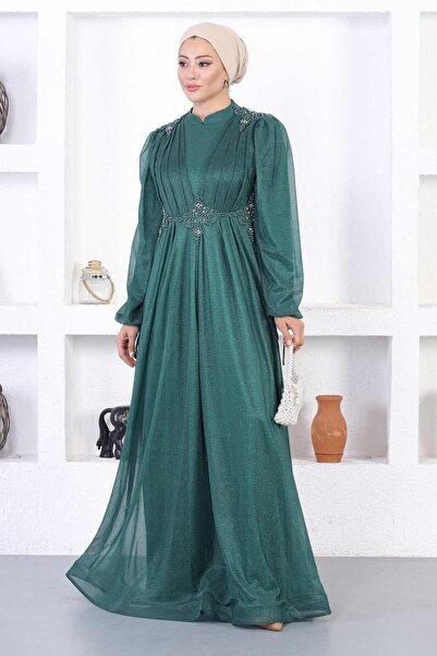 Modamihram Perly Ruched Glitter večerní šaty Emerald 12252