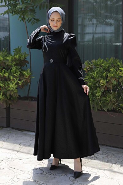 Modamihram Stoned Burning Pattern Abendkleid Schwarz 11403