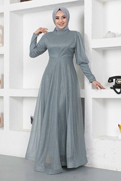 Modamihram Silbriges Abendkleid mit Reißverschluss-Manschetten-Detail, Grau 12253